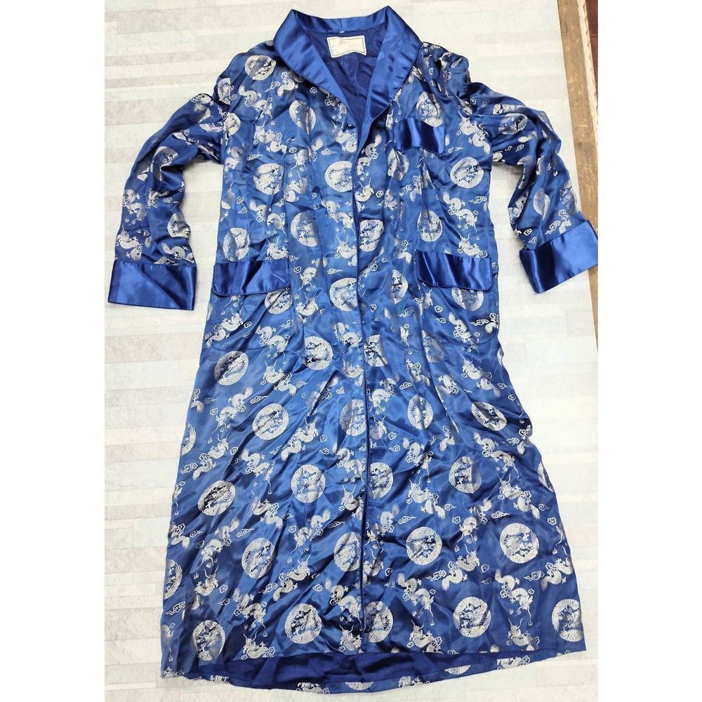 VINTAGE 70'S SOLZ SQUIRREL BLUE BROCADE DRAGON LONG ROBE SMOKING GOWN